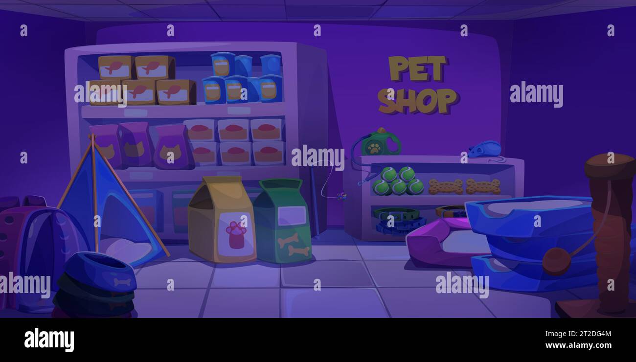 Closed pet shop interior at night. Cartoon vector dark zoo store with care products and accessories for domestic animals. Racks with cat and dog food, houses and toys, counter with cash register. Stock Vector