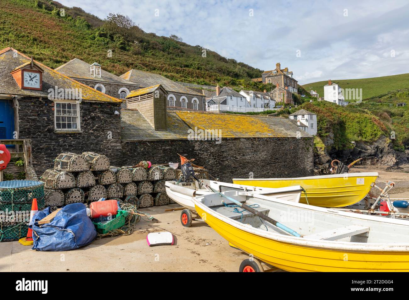 Port Isaac fishing village in Cornwall, fishing boats and lobster