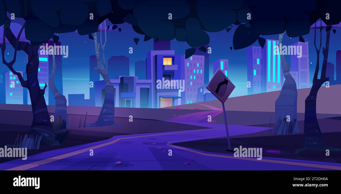 Night city street road to building cartoon game landscape. Dark urban ...