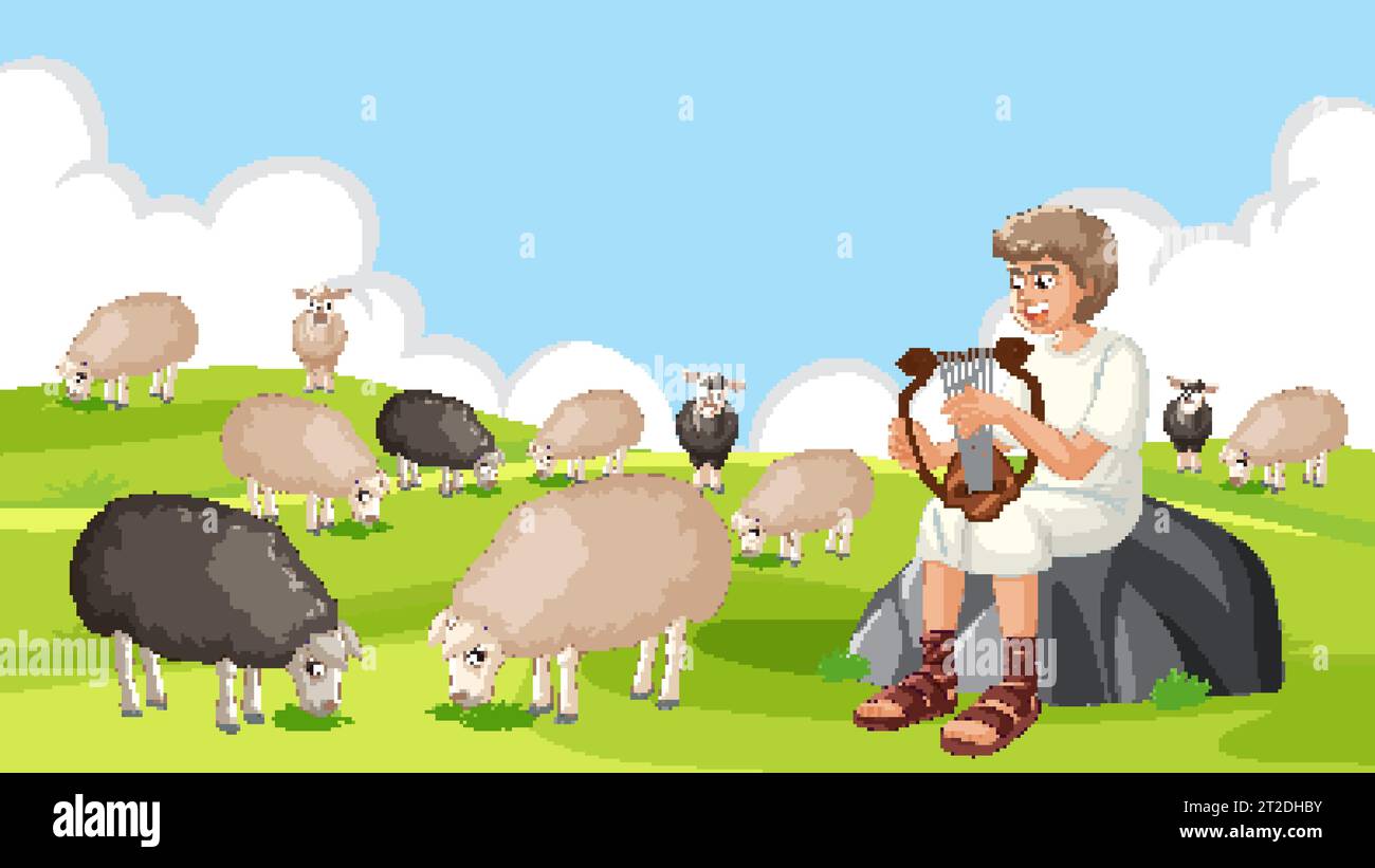 David, from the biblical story of David and Goliath, playing a lyre to sheep in a beautiful natural setting Stock Vector