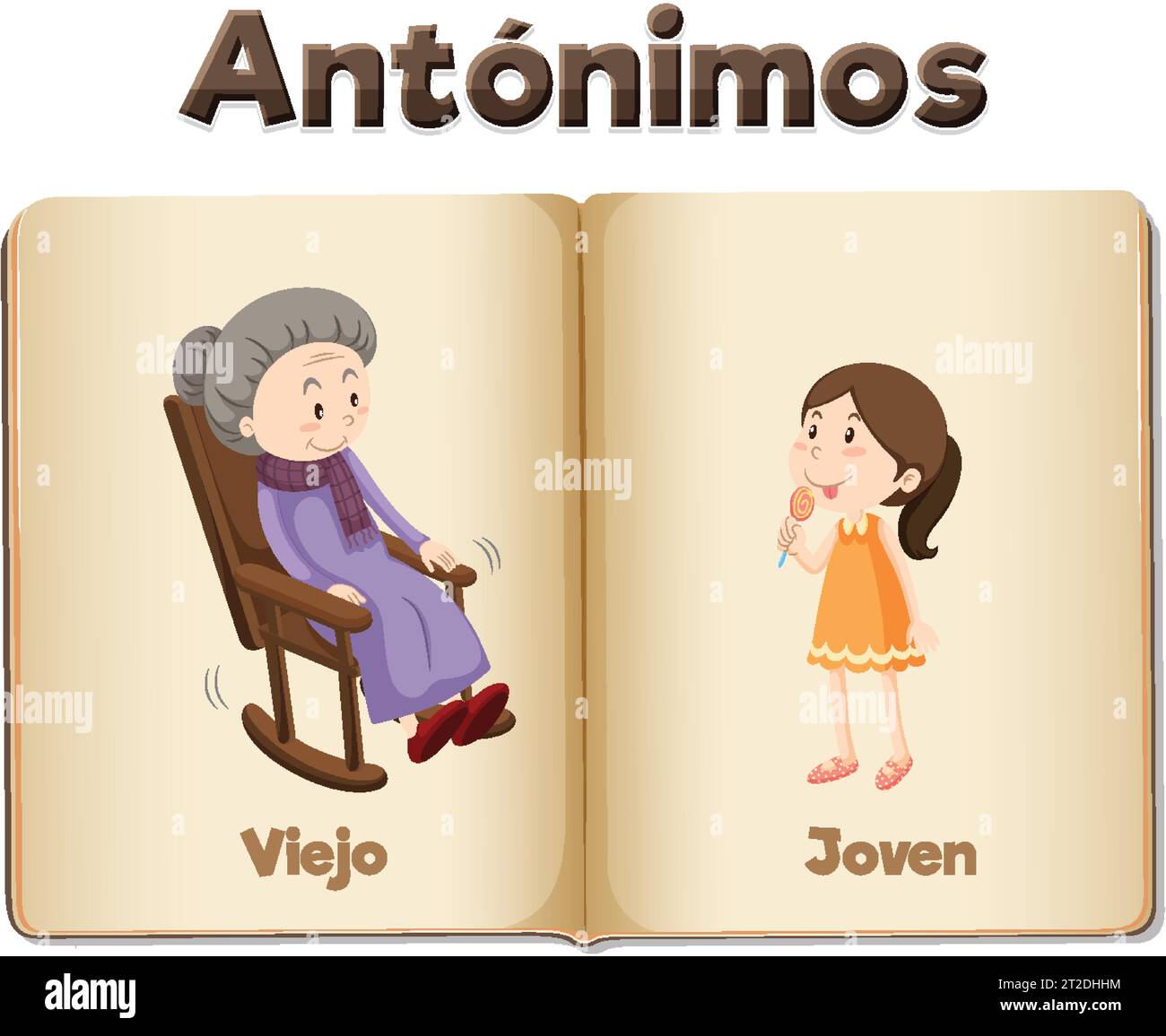 Colorful vector illustration of Spanish antonyms, Viejo and Joven Stock Vector