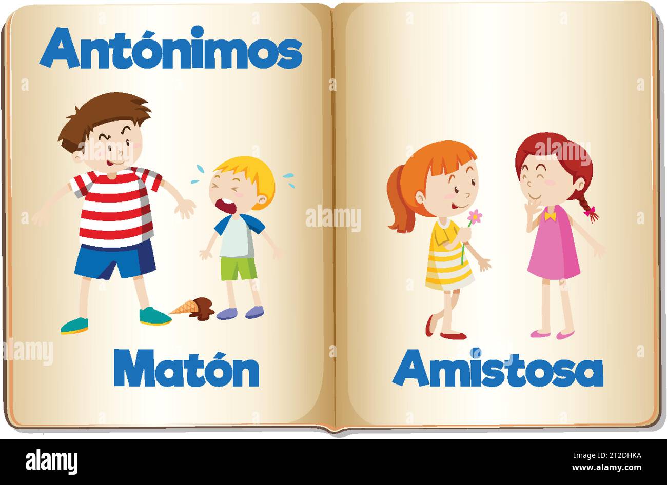 Illustrated word card with antonyms in Spanish language Stock Vector