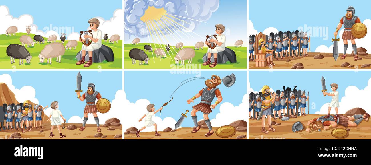 Illustrated scenes depicting the biblical story of David and Goliath Stock Vector