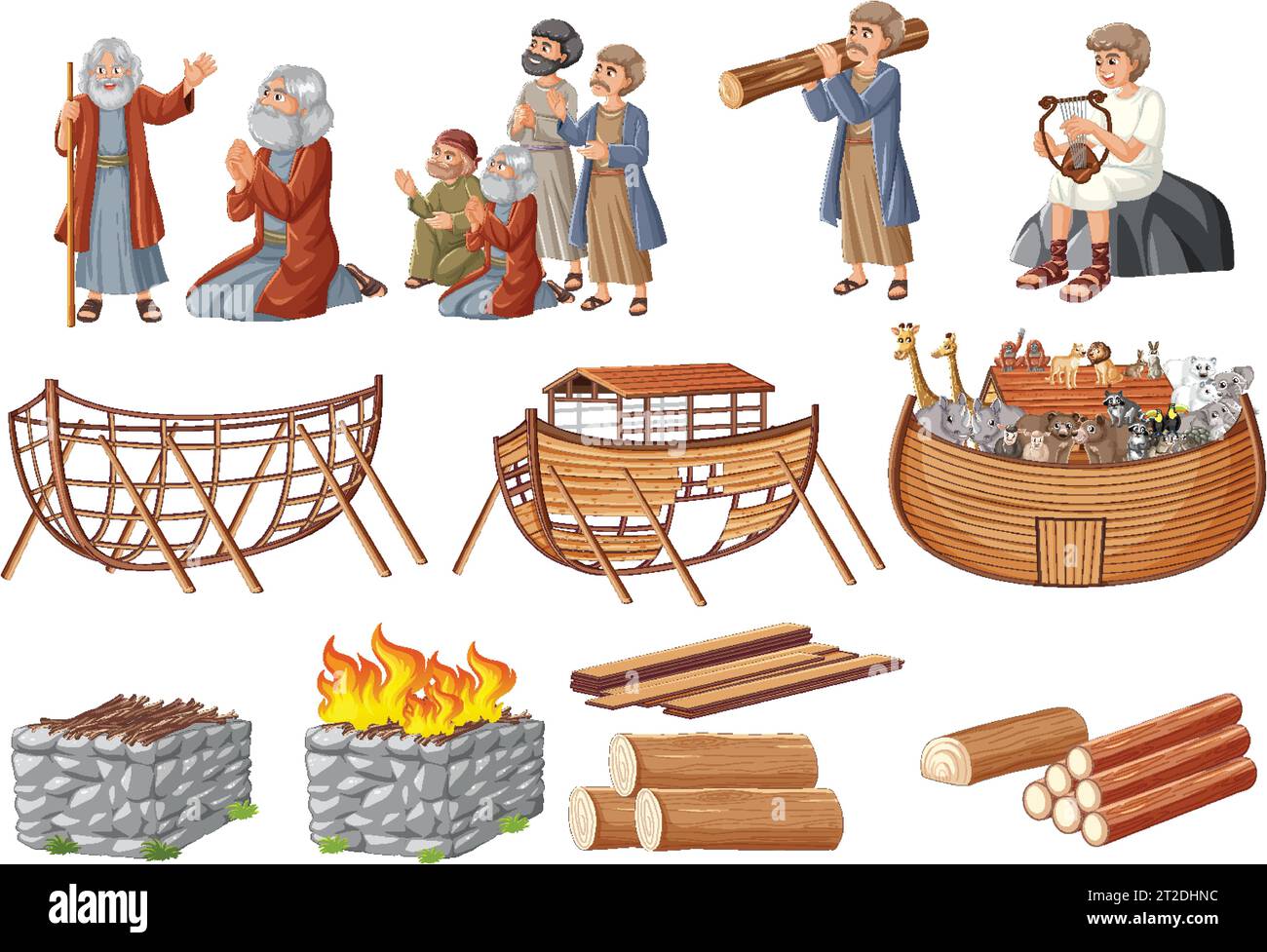 A set of vector illustrations depicting Noah's Ark and David and Goliath Stock Vector