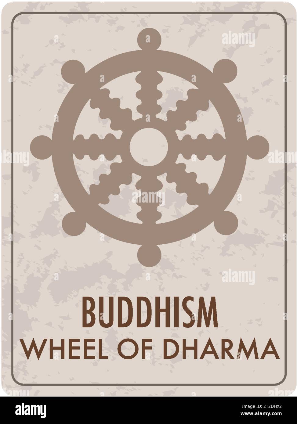 An illustrated card featuring the Wheel of Dharma, a significant Buddhist symbol Stock Vector
