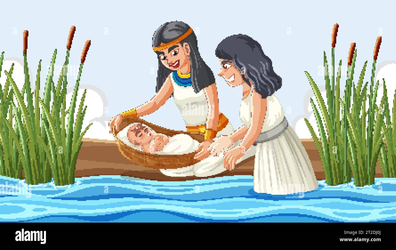 Illustration of the biblical story where Pharaoh's daughter finds baby