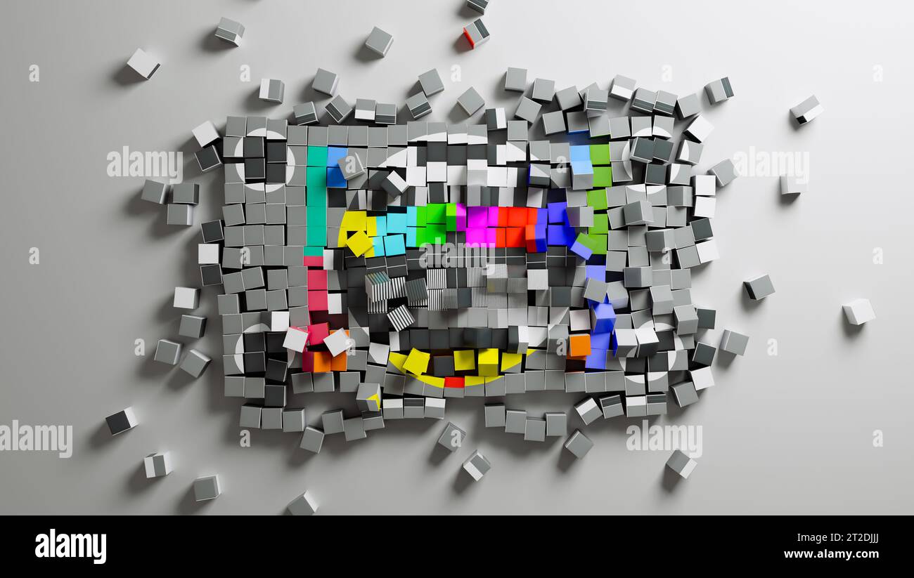 A concept of a break in transmission  signal TV colour bars test card screen fragmented into a pile of pixel like squares on a light surface - 3D rend Stock Photo