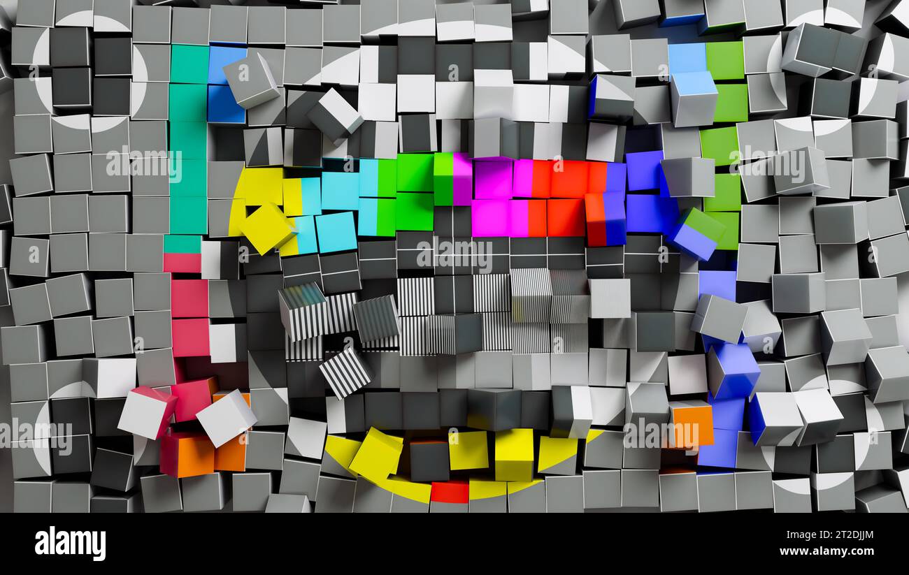 A concept of a break in transmission  signal TV colour bars test card screen fragmented into a pile of pixel like squares on a light surface - 3D rend Stock Photo