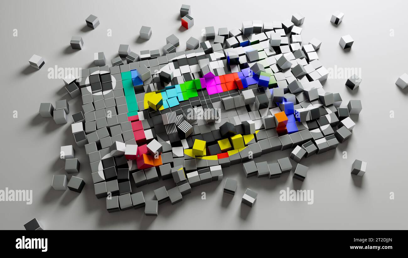 A concept of a break in transmission  signal TV colour bars test card screen fragmented into a pile of pixel like squares on a light surface - 3D rend Stock Photo