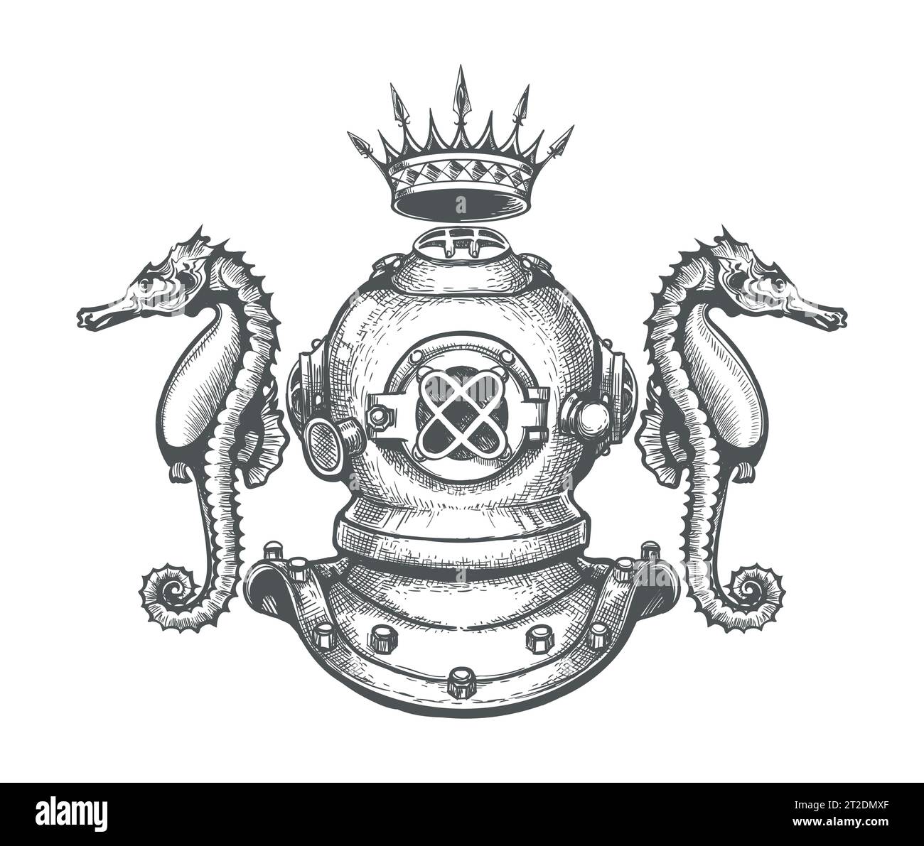 Engraving Diving Helmet with Crown and Seahorses isolated on white vector illustration Stock Vector