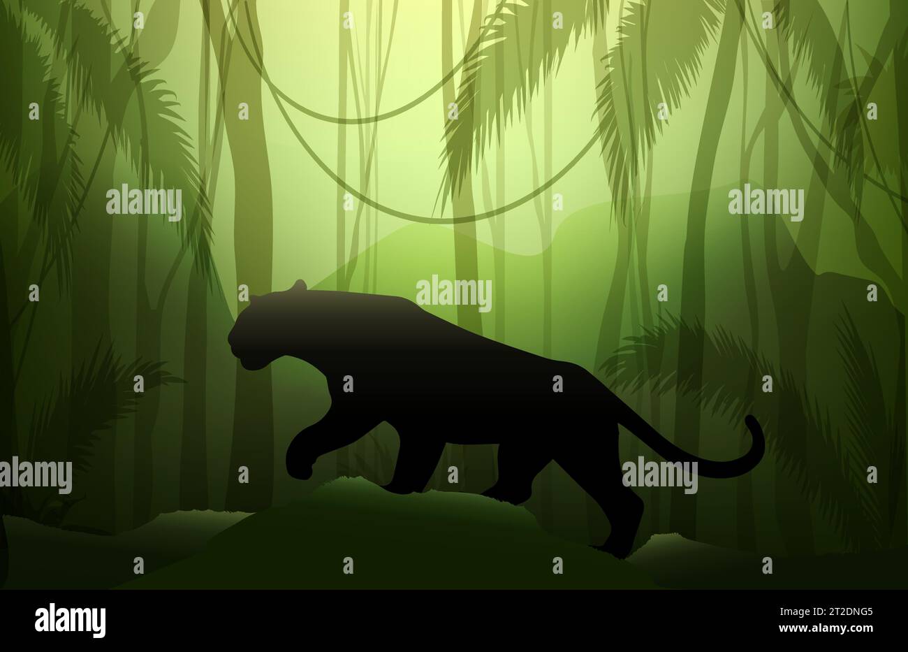 Hunting Panther crawling in the wild Tropical Forest. Vector