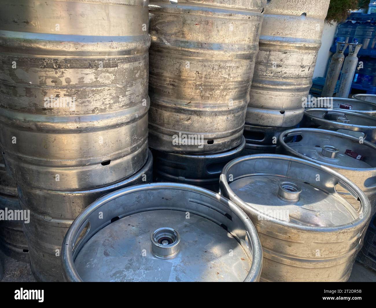 Group of aluminum beer kegs. Refrigerated beer kegs ready for