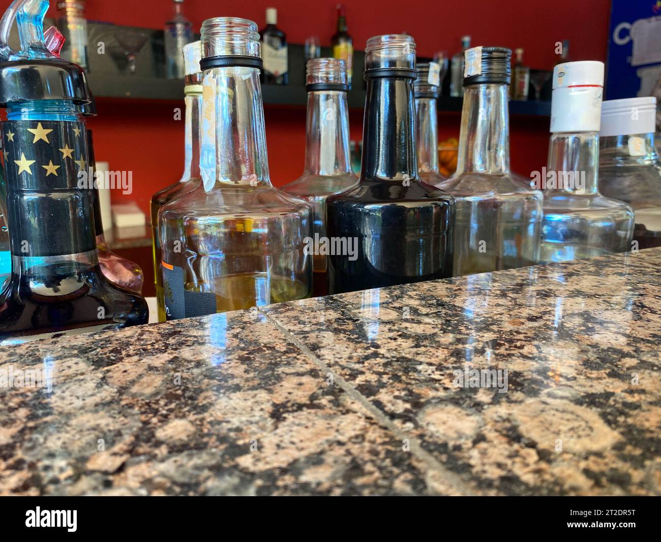 Bottles of different wines, closeup. Expensive collection Stock Photo