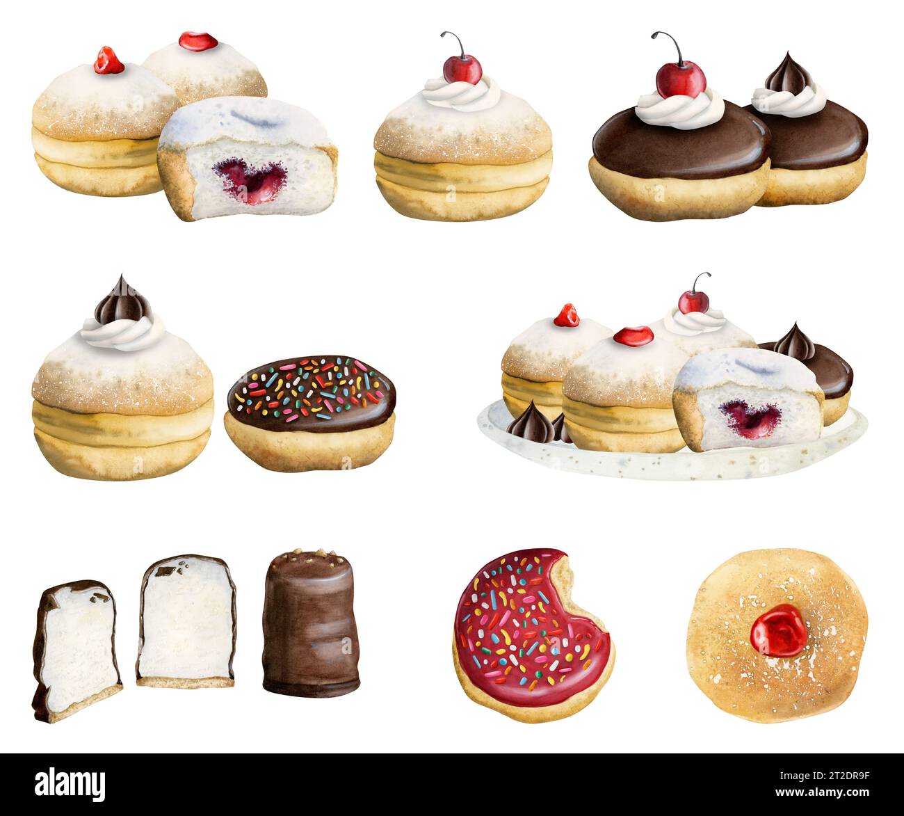 Hanukkah desserts and donuts set with strawberry and chocolate. Delicious hand drawn sufganiyot illustrations Stock Photo