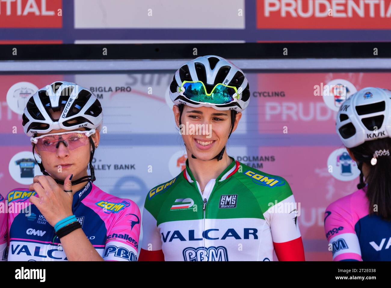Marta Cavalli of Italy before riding for Valcar PBM at Prudential RideLondon Classique women's cycle race, London, UK. National jersey Stock Photo