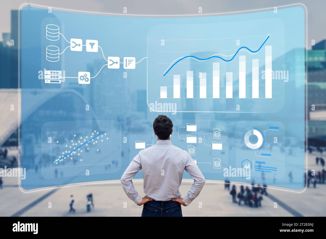 Automated data analytics with AI for business management and strategy. Insights dashboard created with artificial intelligence. KPI report with metric Stock Photo