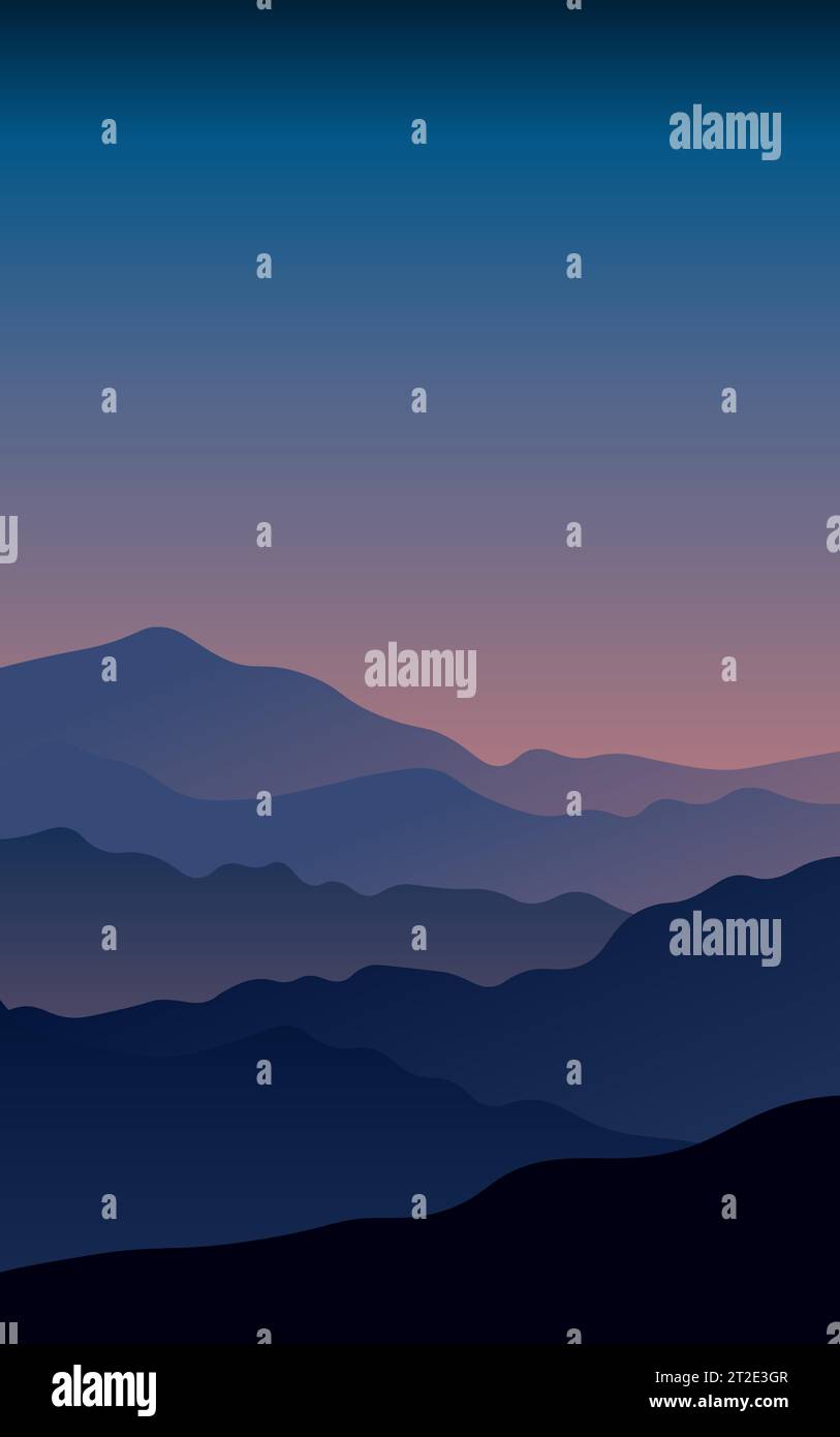 Beautiful dark blue mountain landscape. Sunrise and sunset in mountains.Wallpaper design, Wall art for home decor and prints.Vector illustration Stock Vector