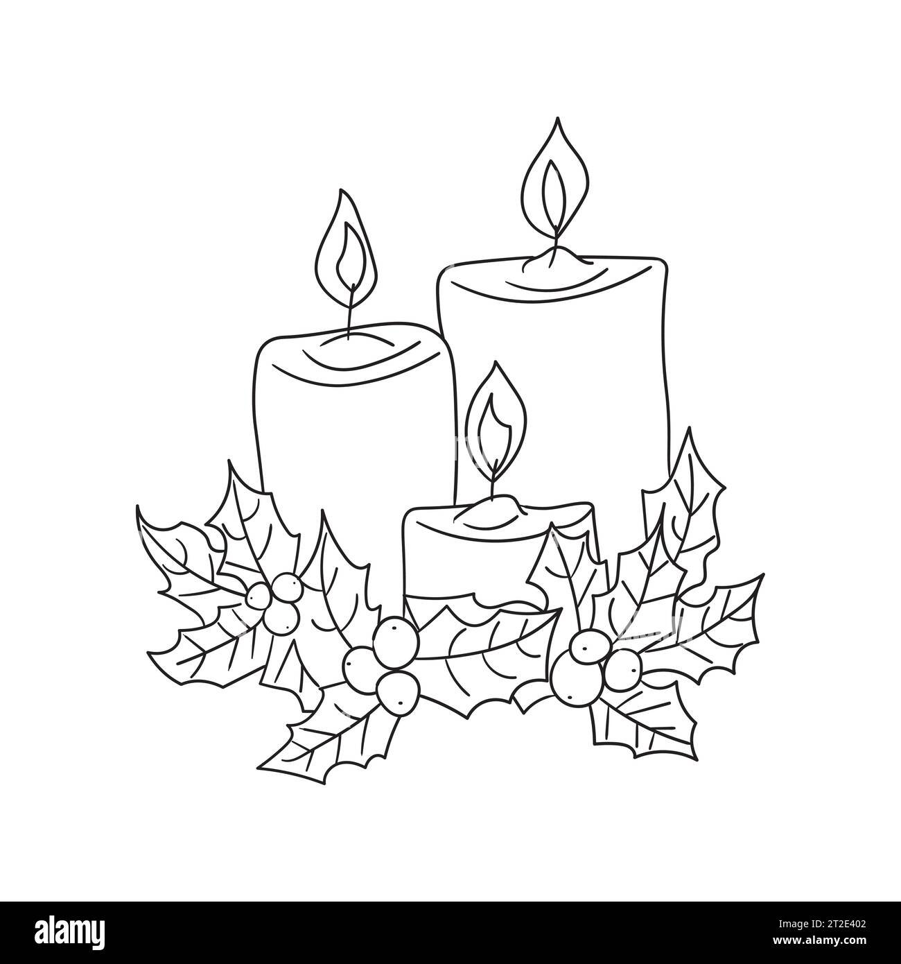 Candles and holly vector linear illustration. Outline. Pair of candles and holly evergreen