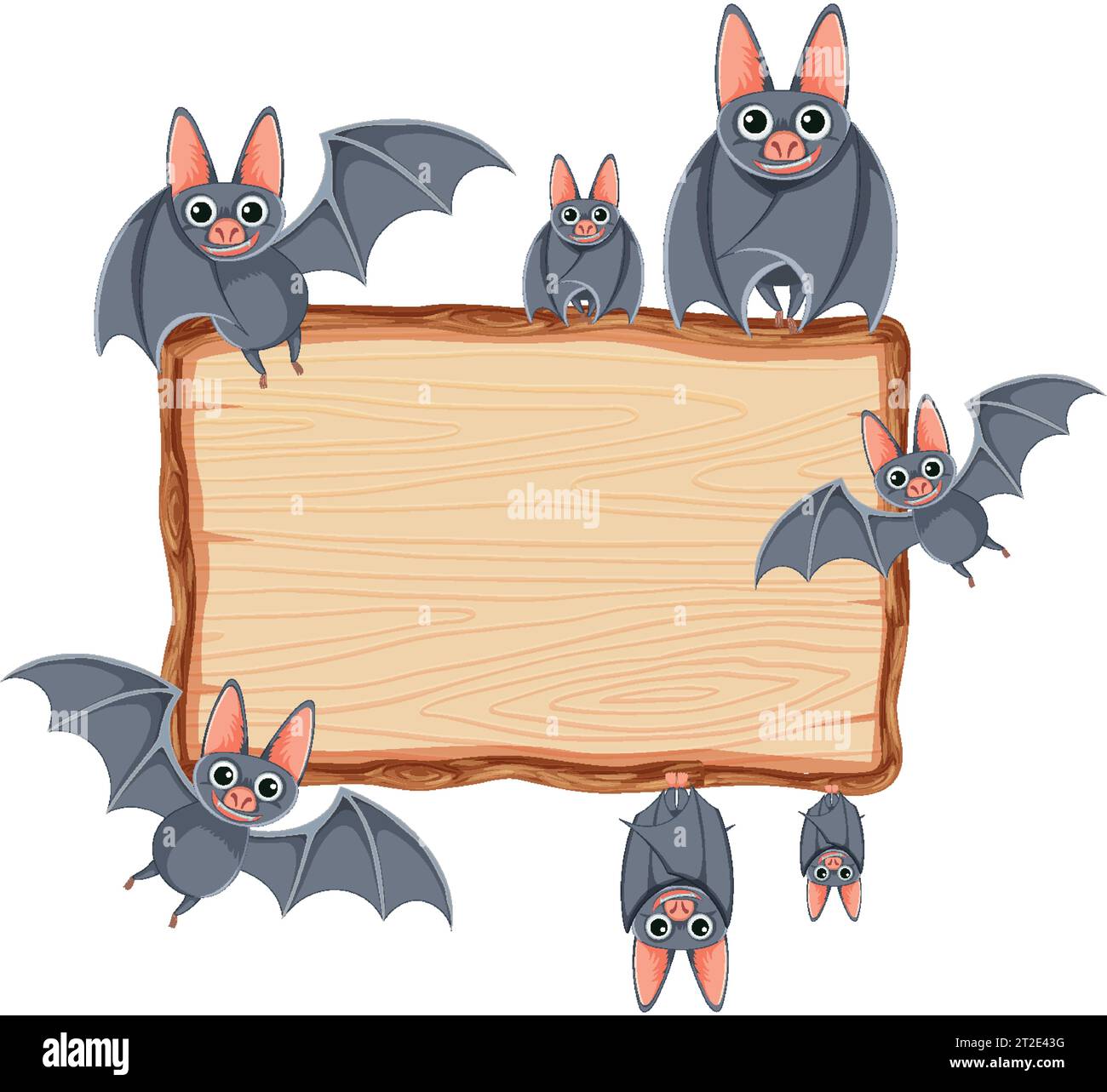 Vector cartoon illustration of bats in flight and perched on a wooden ...