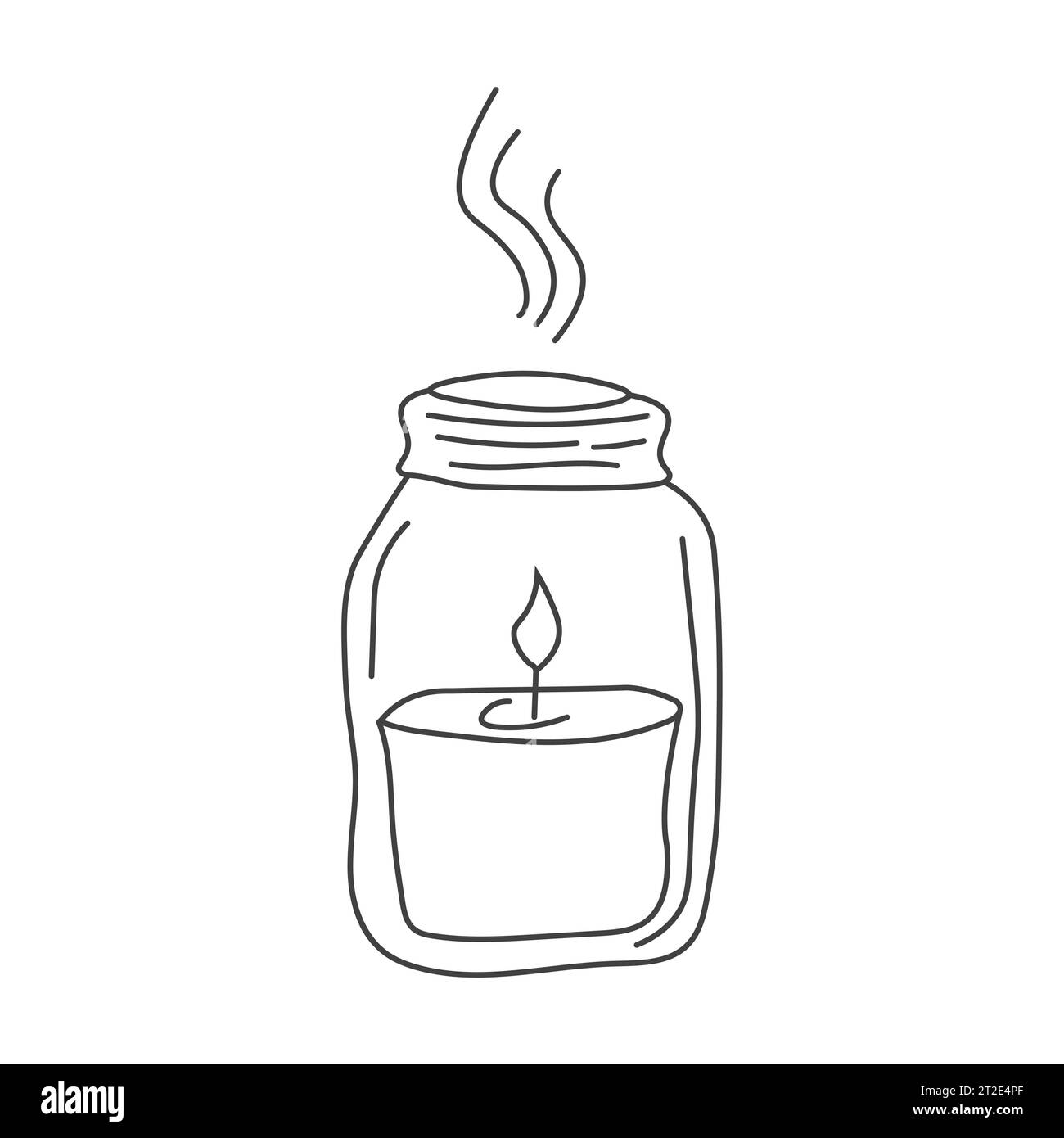 Burning aroma candle in a jar isolated on white background. Vector hand-drawn illustration in doodle style. Aromatherapy, relaxation design element. S Stock Vector