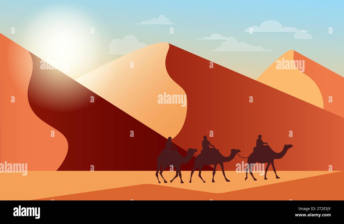 Desert landscape with sand dunes, camel caravan.Flat landscape design.Desert African or Mexican background.Vector illustration for landing page,banner Stock Vector