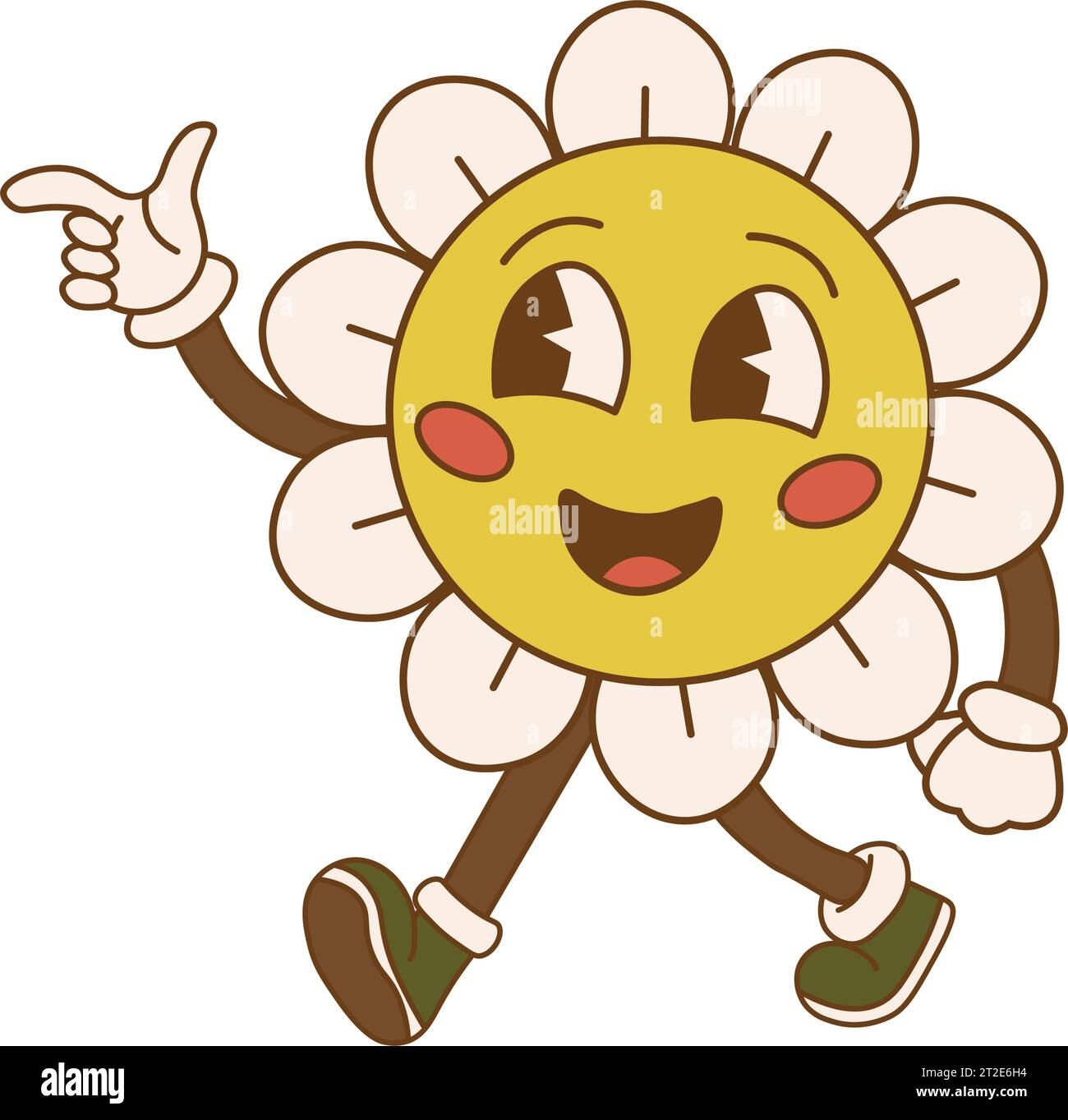 Groovy retro clipart with daisy flower. 60s, 70s, 80s cartoon style. Cute comic characters. Abstract trendy, vintage, nostalgic aesthetic background. Stock Vector
