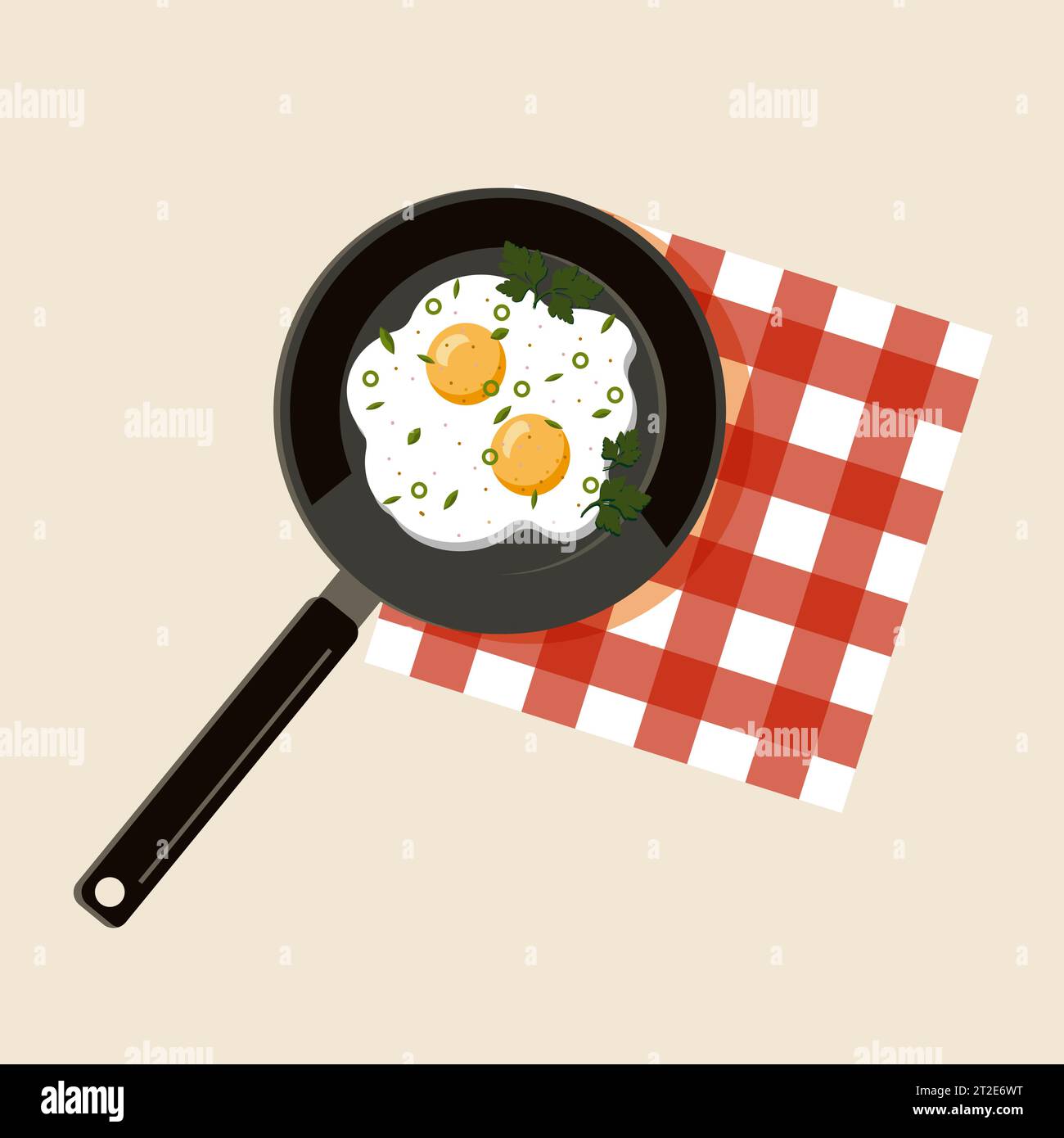 Fried eggs on pan with parsley. Top view of healthy breakfast food