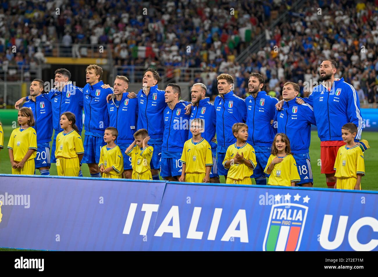 Italy lined up for the national anthems ceremony during UEFA Euro 2024