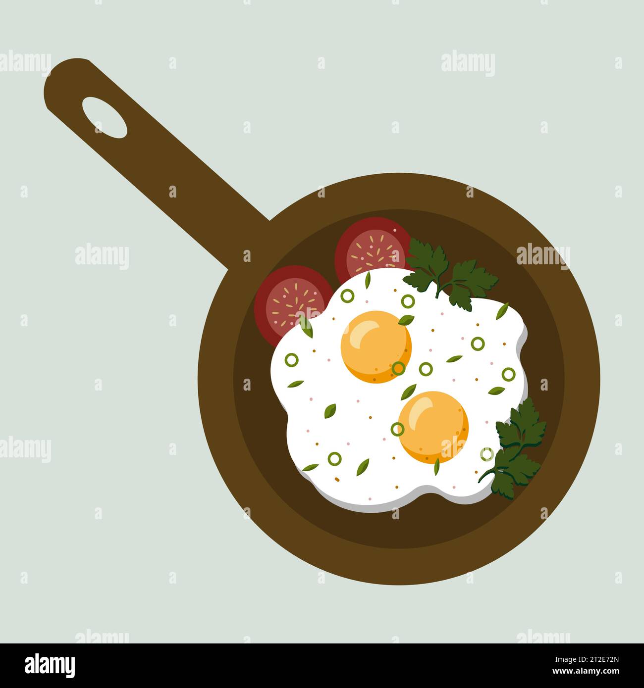 Fried eggs on pan with slice of tomato. Top view of breakfast food Stock Vector