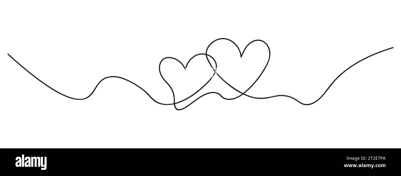 One Continuous line drawing of two hearts. Romantic symbols in simple ...