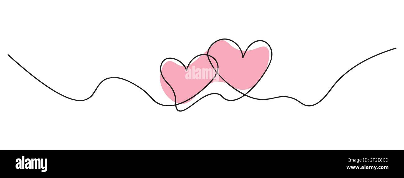 One Continuous line drawing of two hearts. Romantic symbols in simple ...