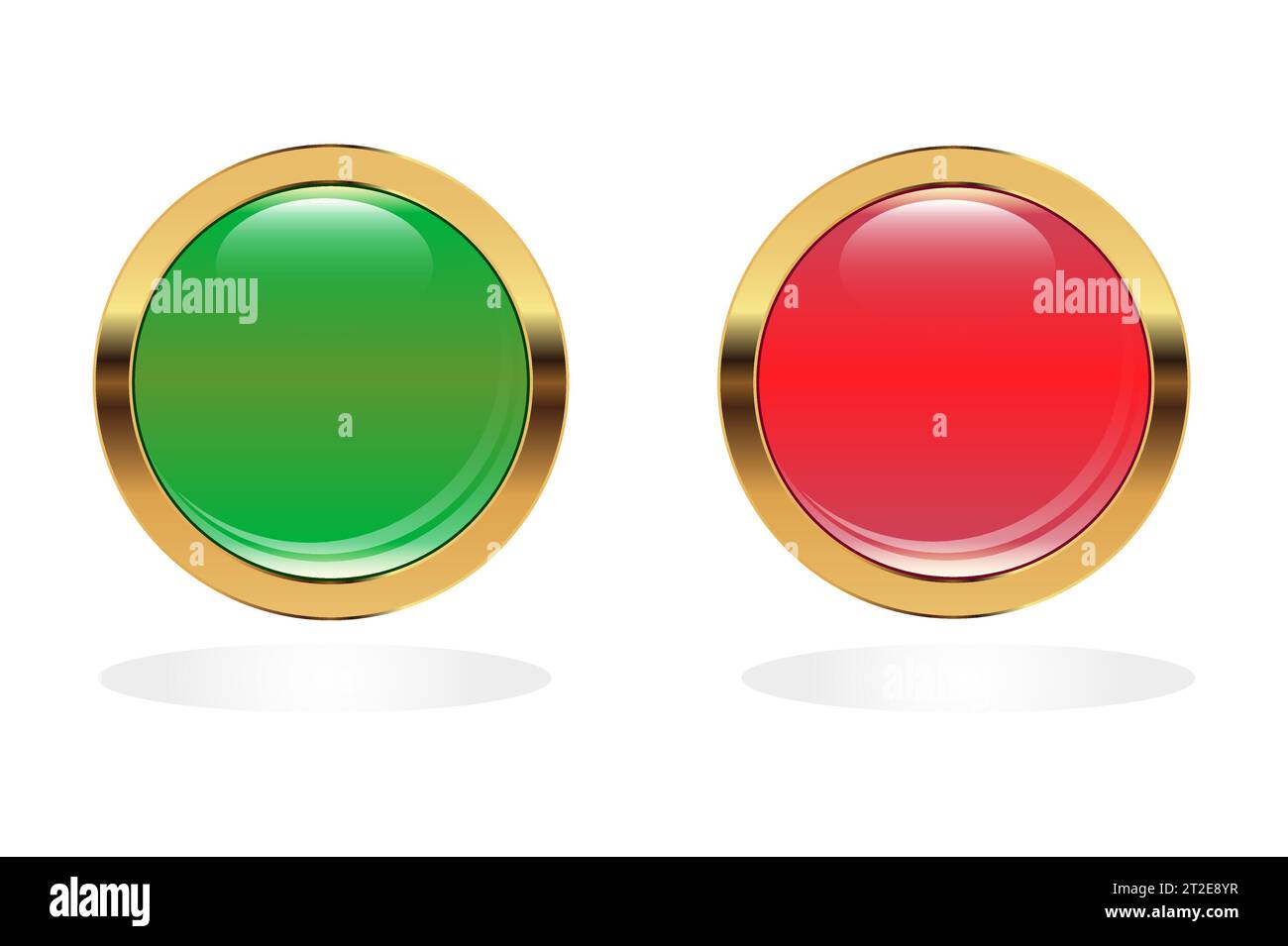 Red and green shiny buttons. Round glass web icons with gold frame ...