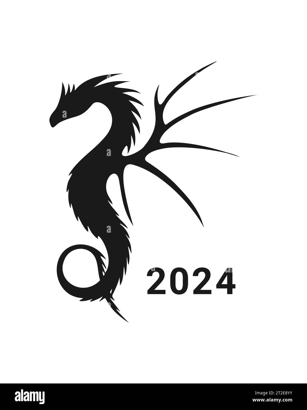 2024 Year of the Dragon, hand drawn dragon silhouette in black color, isolated, white background