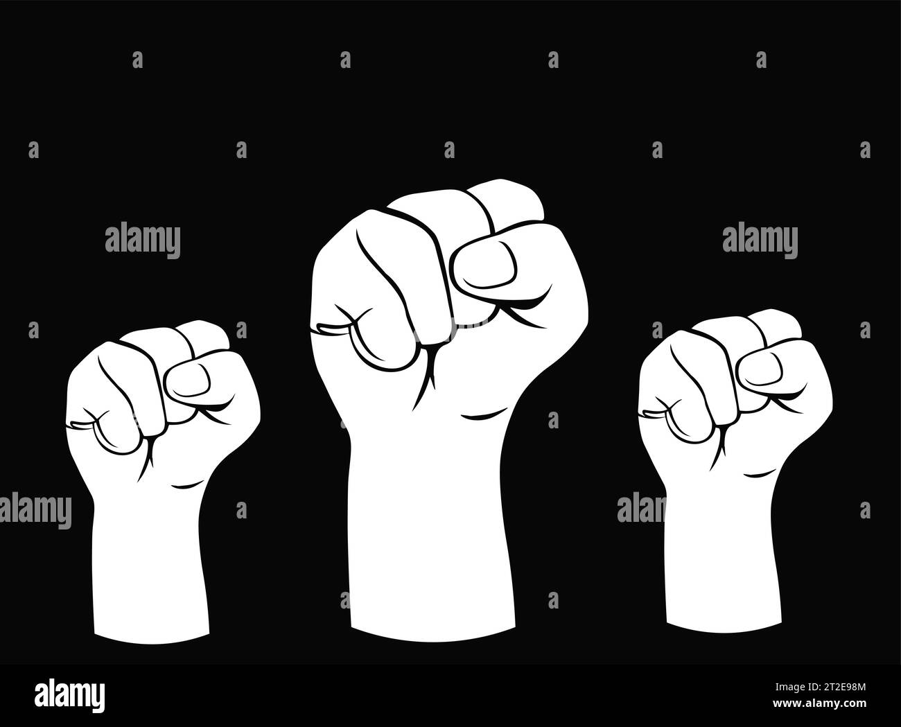 Three clenched fists raised up. The concept of protest, freedom