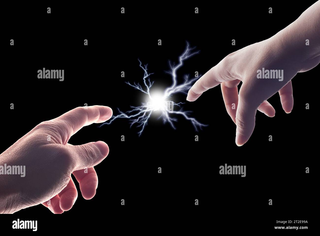 man and woman hands touching and generating a spark of electricity