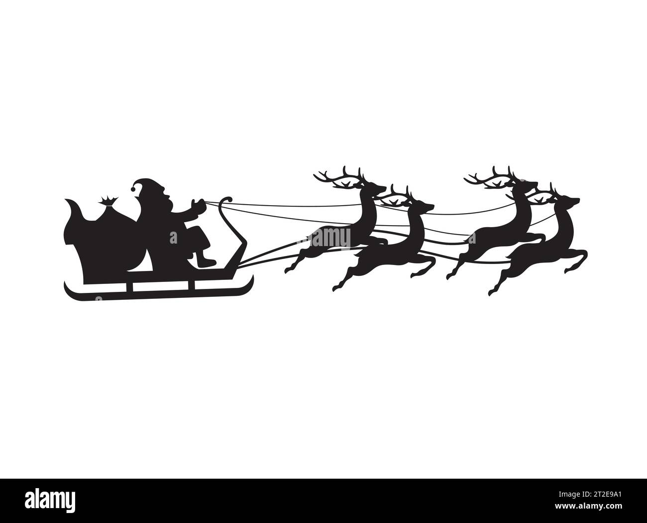 Silhouette of Santa Claus is flying in sleigh full of presents with ...