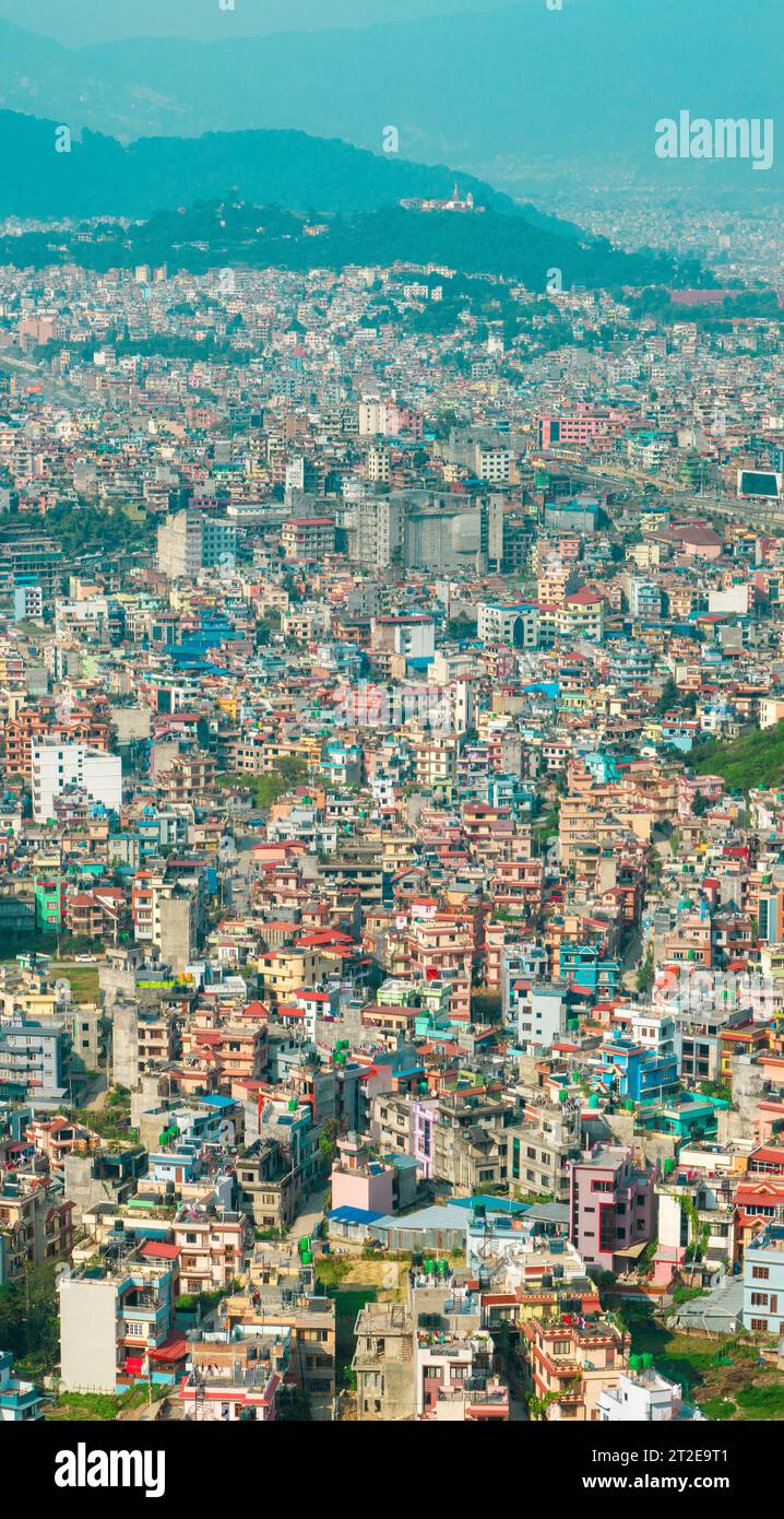 Aerial view of Kathmandu, Kirtipur, hills, palaces and buildings. Terraces and homes, city streets. Nepal. 10-13-2023 Stock Photo
