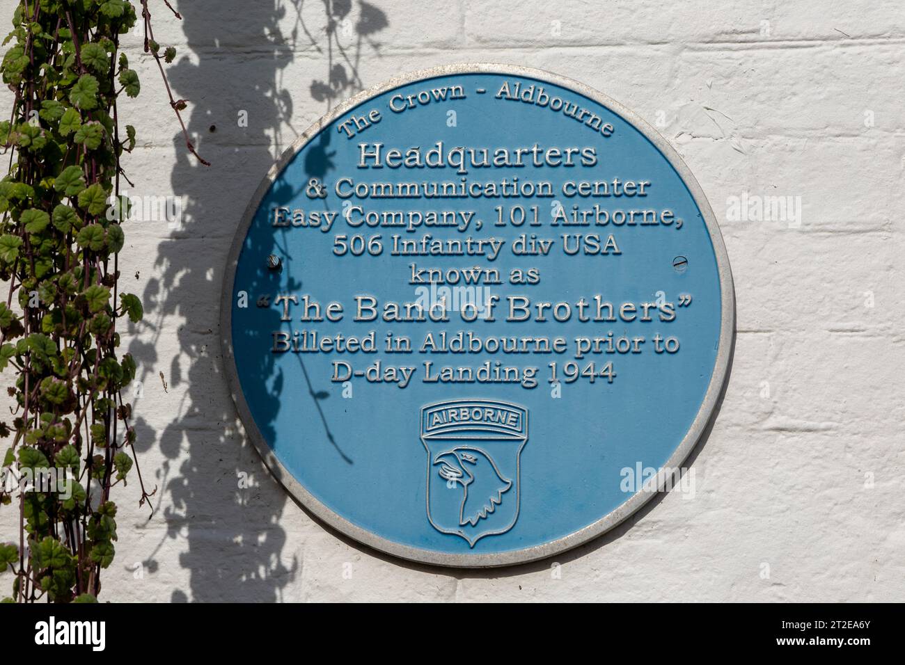 Blue plaque Easy Company, Band of Brothers, 101 Airborne, USA army, Aldbourne, Wiltshire, England, UK Stock Photo