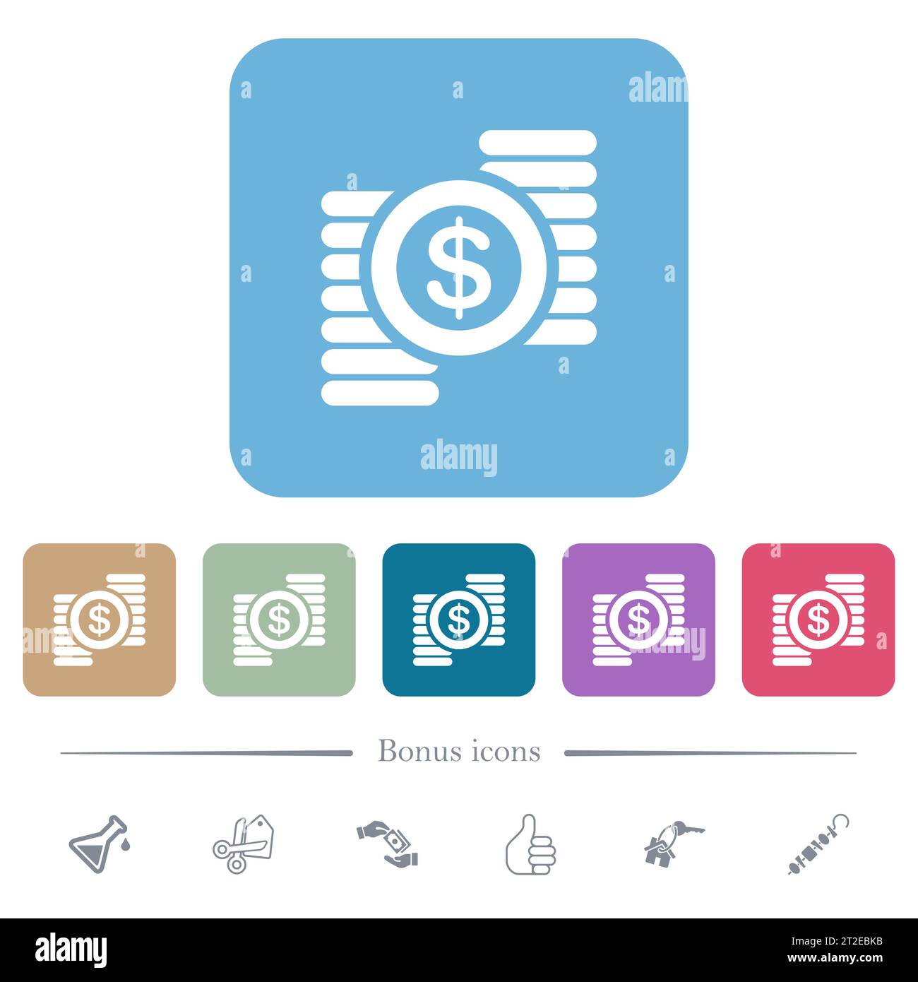 Dollar coins white flat icons on color rounded square backgrounds. 6 ...
