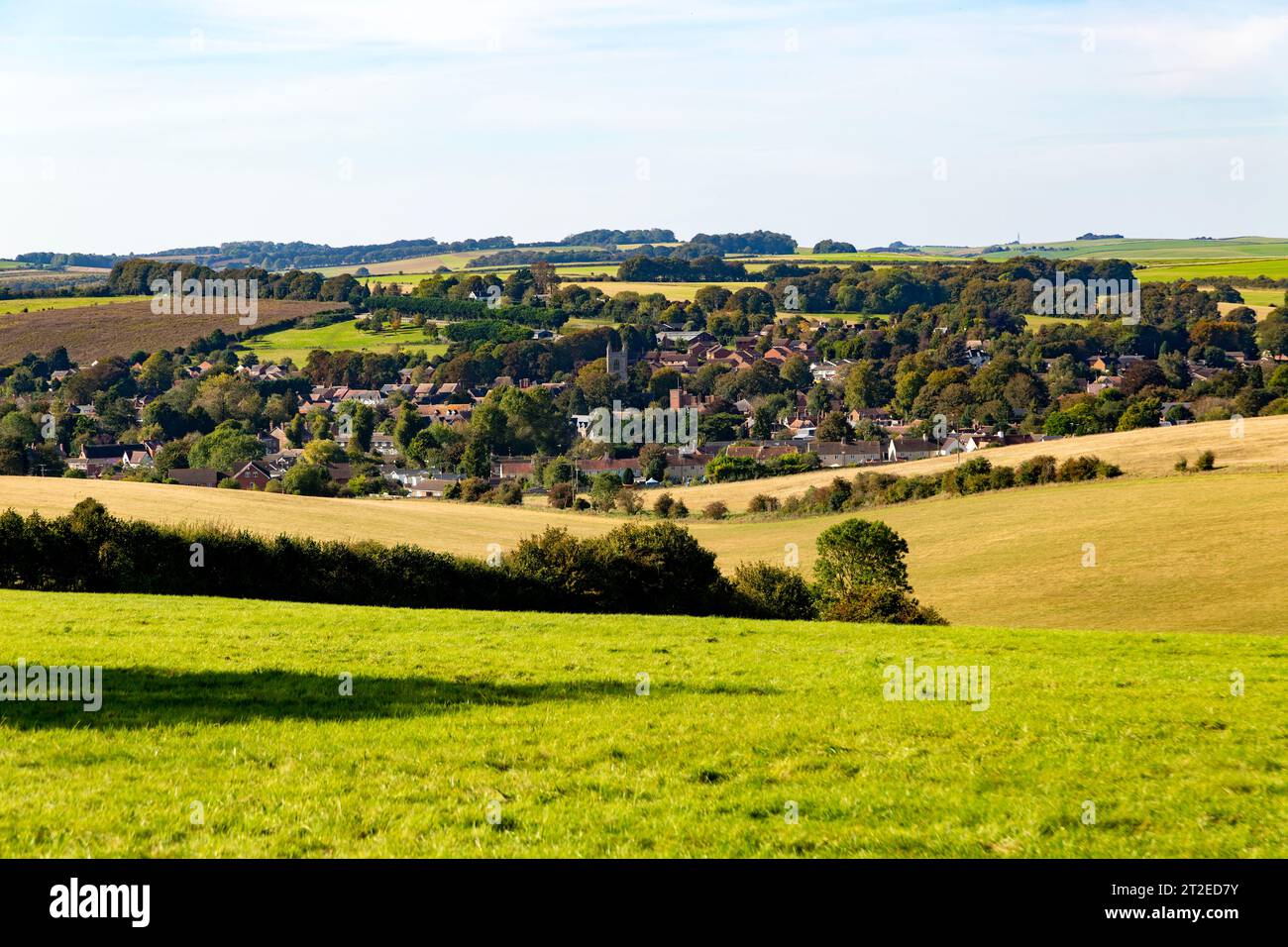 Chalk downland scenery view to village of Lambourn, Berkshire, England, UK Stock Photo