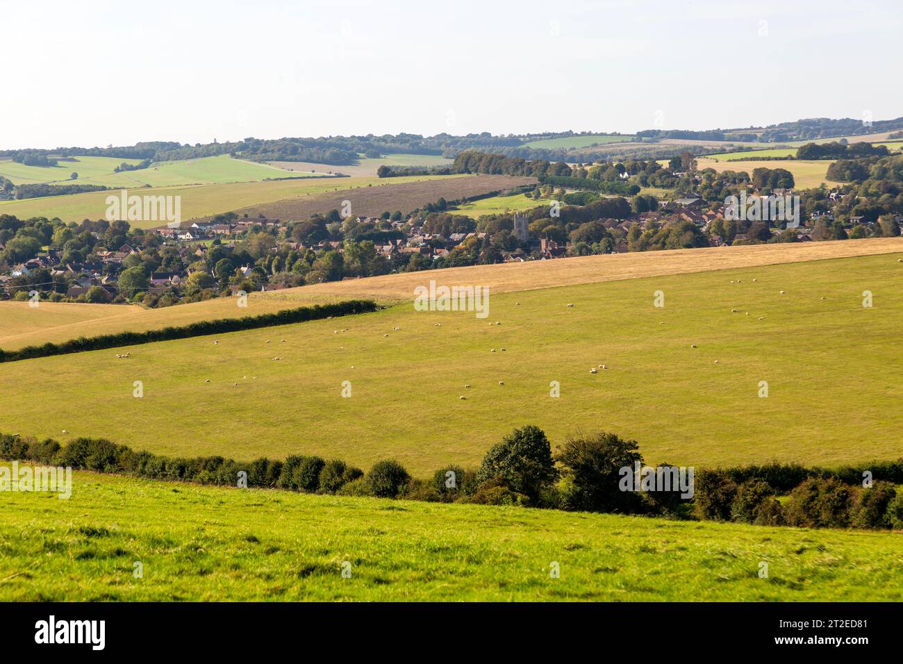 Chalk downland scenery view to village of Lambourn, Berkshire, England, UK Stock Photo