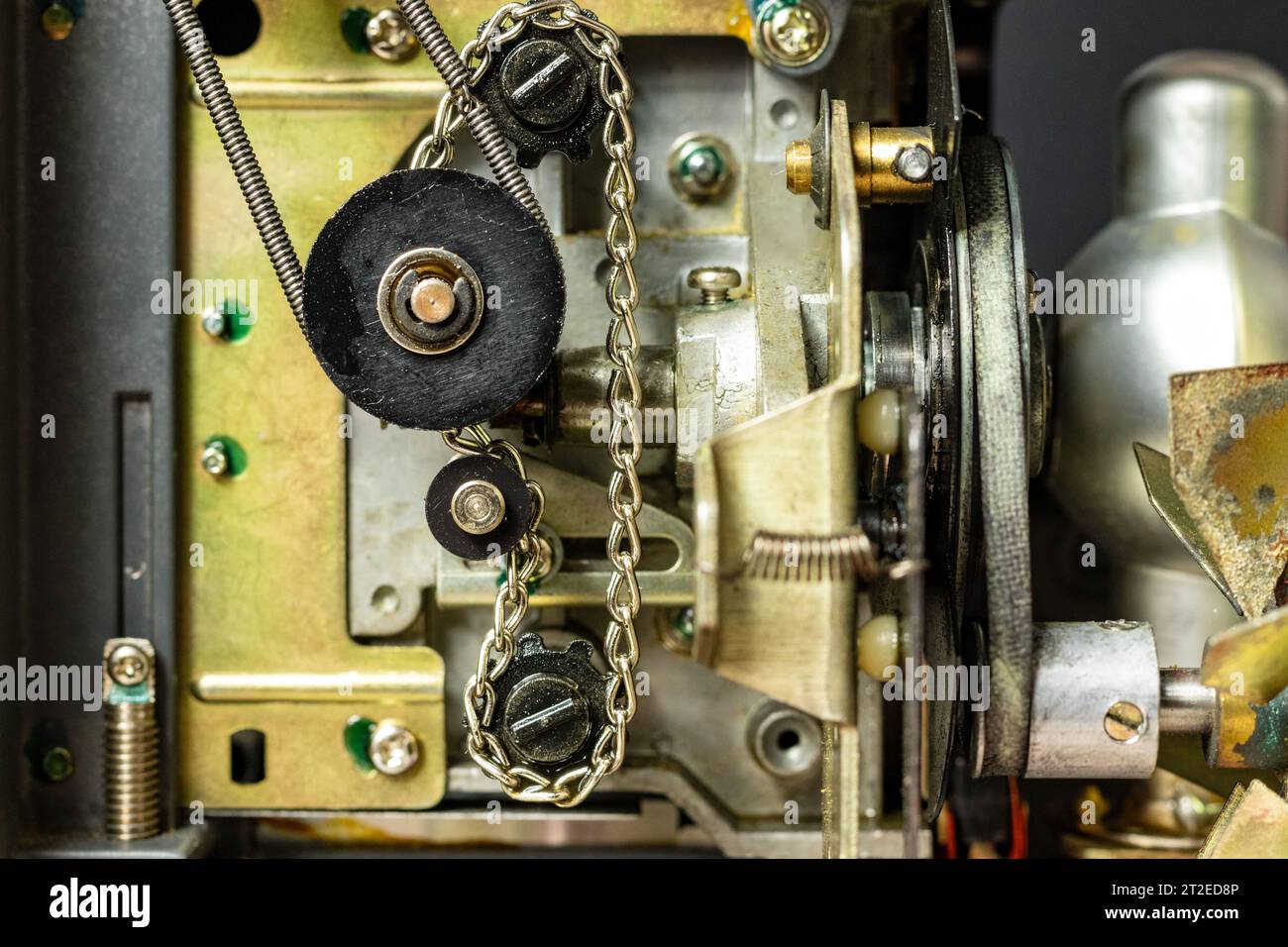 Detail of the motor and mechanical drive of an old 8 mm projector Stock Photo