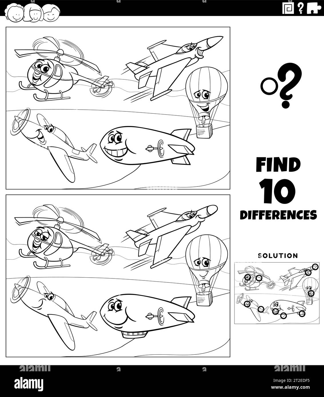 Black and white cartoon illustration of finding the differences between pictures educational activity with flying vehicles characters coloring page Stock Vector