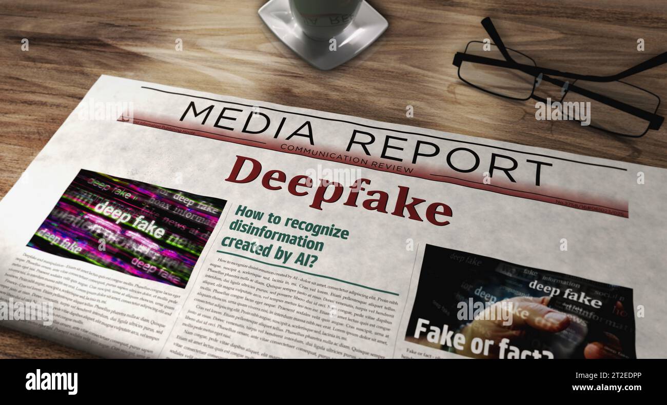 Deepfake AI disinformation fake news and misinformation daily newspaper on table. Headlines news abstract concept 3d illustration. Stock Photo