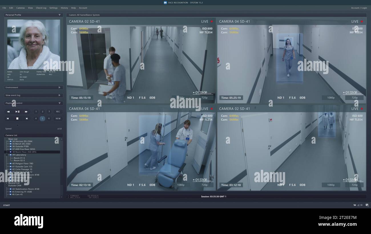 Playback CCTV cameras in modern hospital on computer screen. User