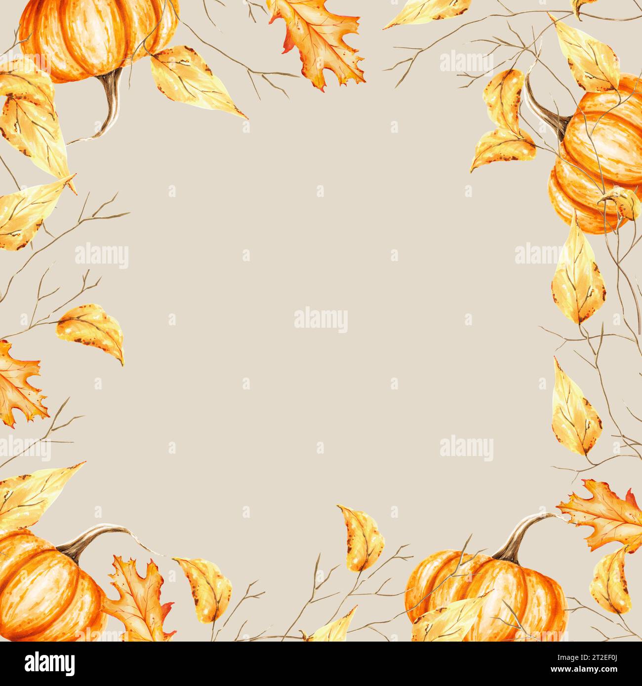 Watercolor autumn frame with tree branch golden foliage and pumpkins ...