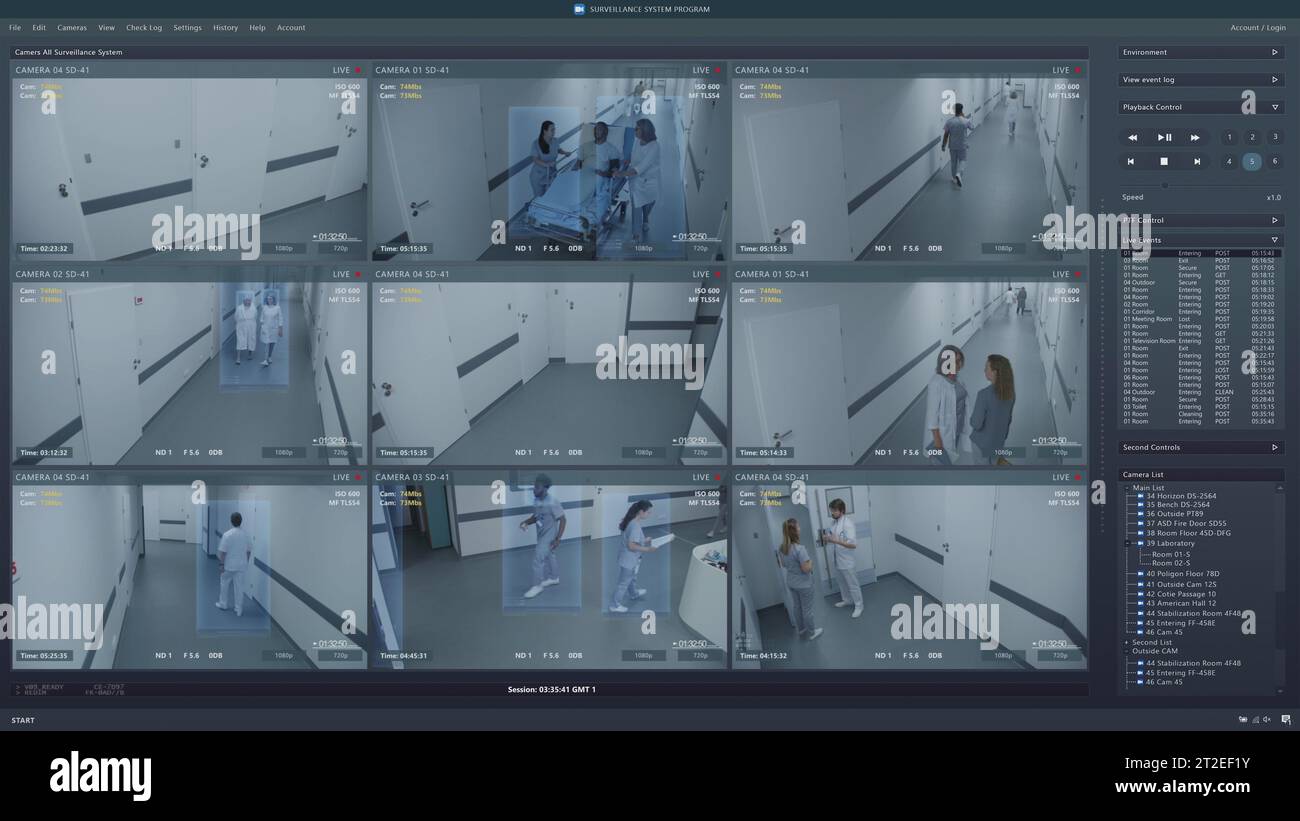 Playback CCTV cameras in hospital hallway on computer screen. Surveillance interface with AI