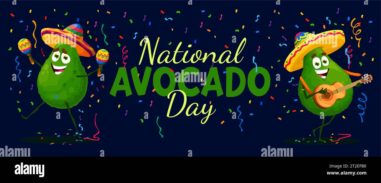 National avocado day banner with cartoon mexican musicians and confetti. Vector background with funny mariachi fruit personages in sombrero playing maracas and guitar celebrating annual summer holiday Stock Vector