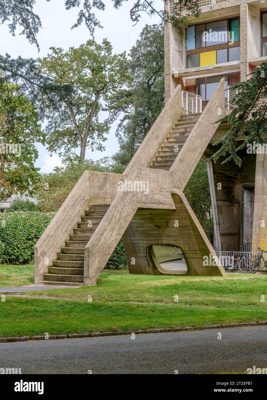 The only outside staircase at Le Corbusier’s Maison d'Habitation in Reze south of Nantes. Also known as La Maison Radieuse Le Corbusier. Stock Photo