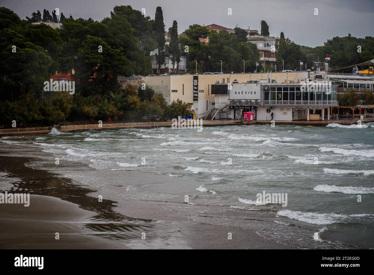 Split, Croatia. 19th Oct, 2023. High tide and large waves crash at